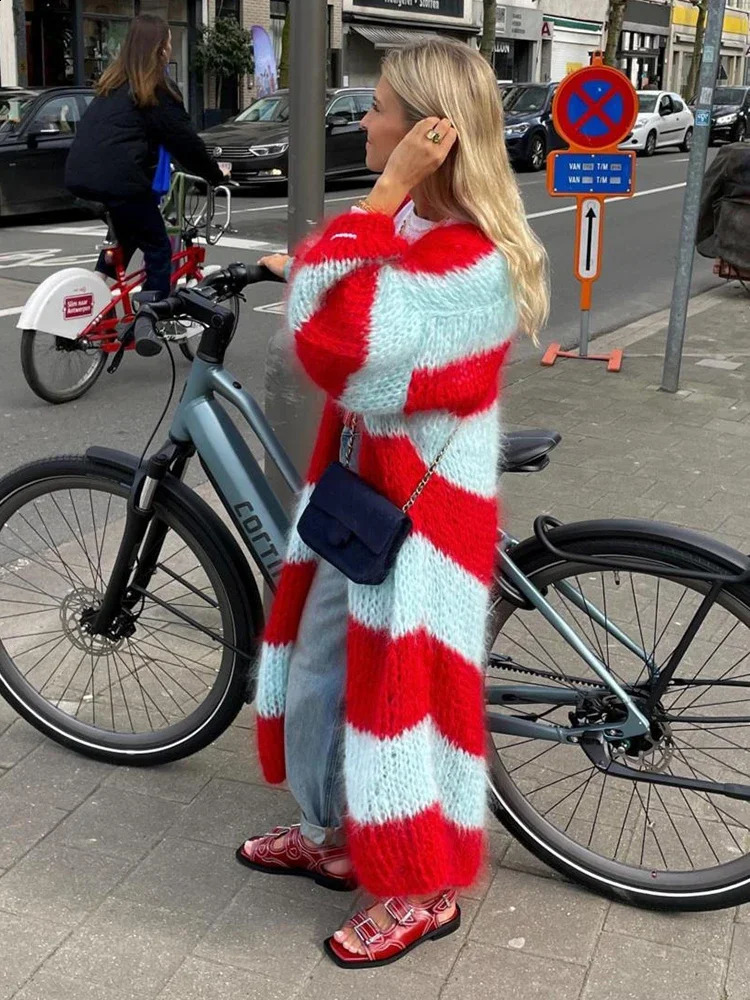 Chic Striped Knit Long Coat Women Lantern Sleeve Thicken Warm Cardigan Jacket Winter Fashion Female Street Outwears 240904