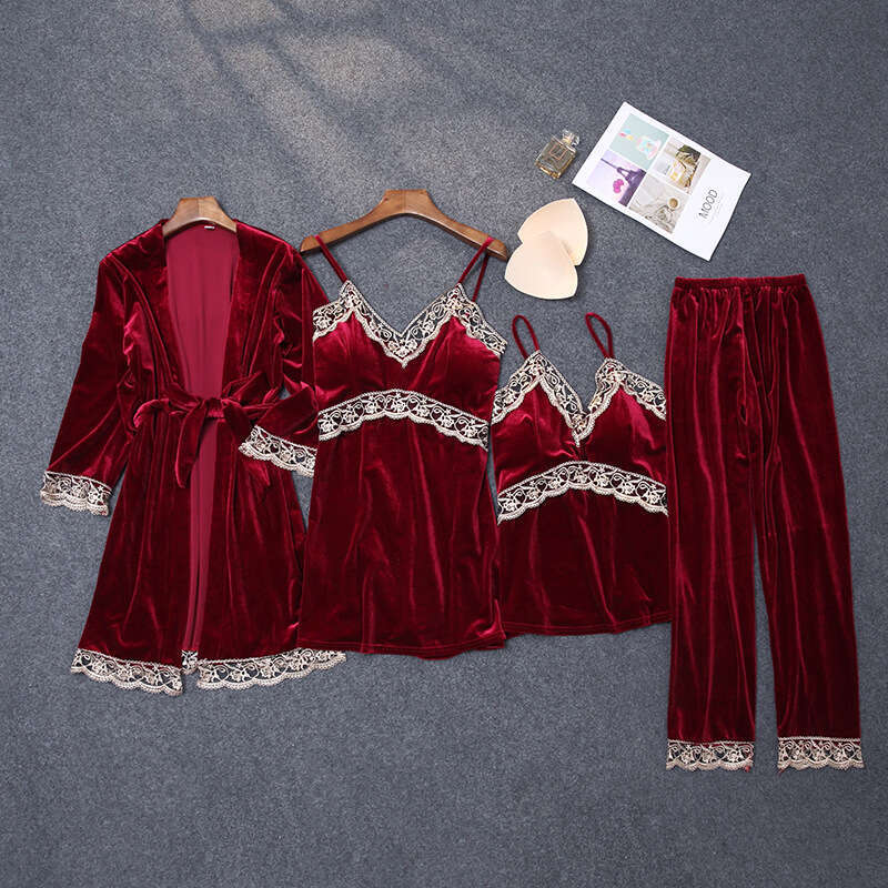 4 Pieces Lace Veet Pamas Sets Women Warm Sleepwear Robe Pants Winter Pijamas Bathrobe Sexy Gerie Autumn Pyjamas