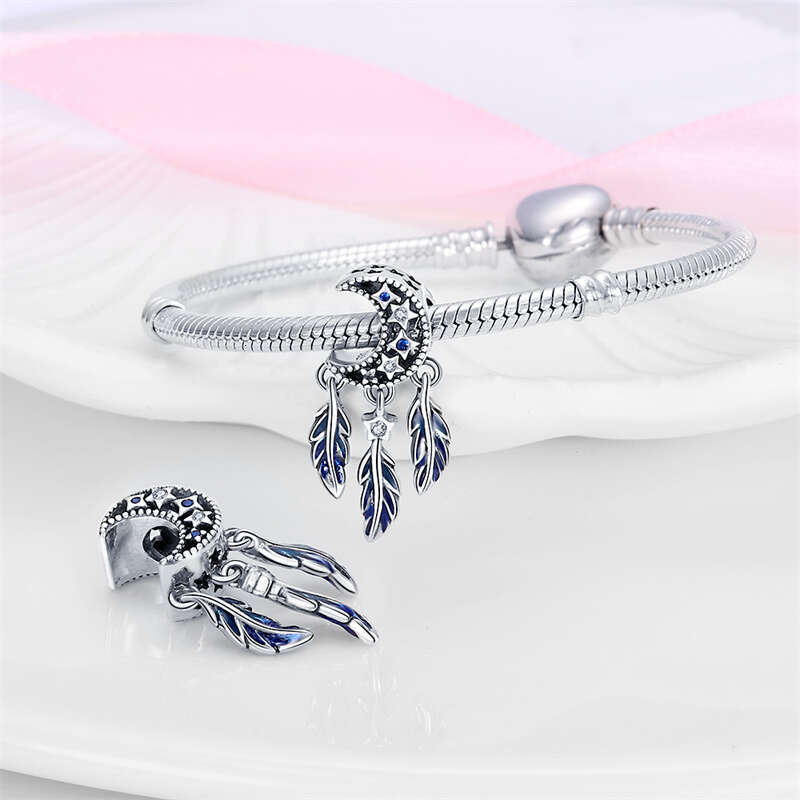 925 Sterling Silver Feather Colorful Dreamcatcher Charms Pendants Fit Original Bracelets DIY Jewelry