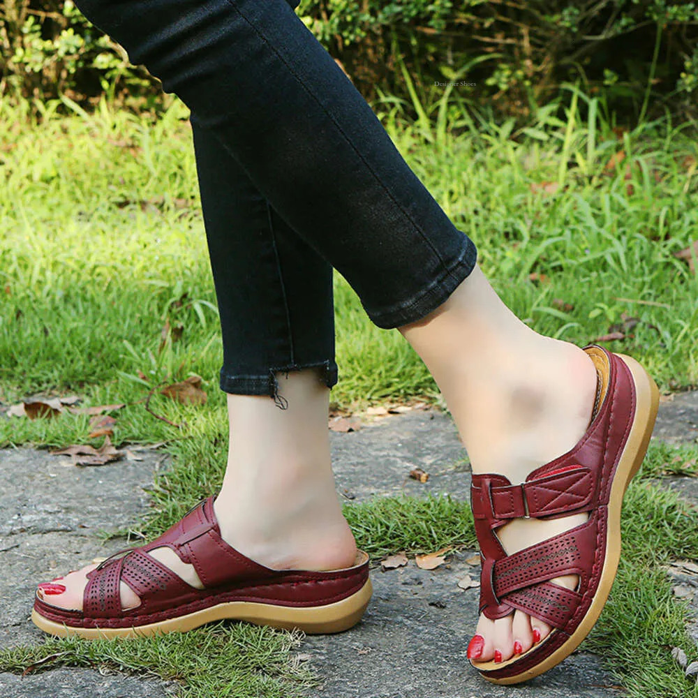 Sole Hollow Thick For Women's Large Casual One Step Pedal Sewn Slope Heel Stripe Cool Slippers