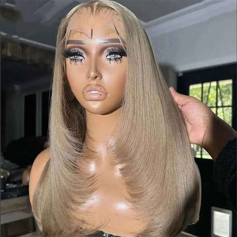 Ash Brown Synthetic Front Wigs For Black Women Layered Cut HD Transparent Glueless Straight Lace Wig