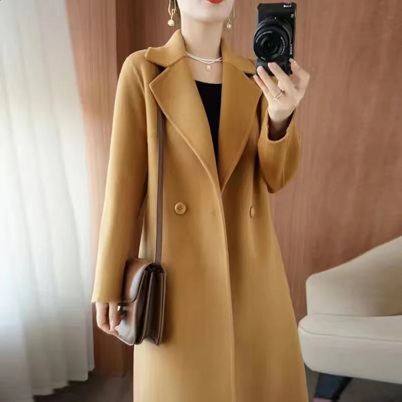 2024 Autumn 100 Double Sided Cashmere Coat Womens Winter Slim Temperament Wool Coats Solid Casual Female Long Overcoat 240905