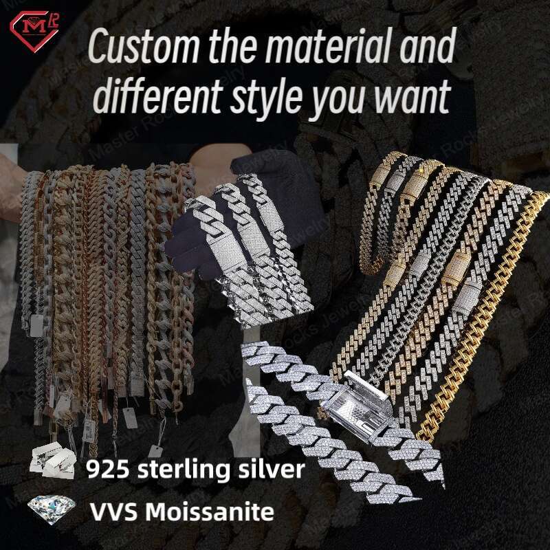 Hiphop 15Mm Gold Plated Sier Baguette Bracelet Necklace Set Miami Vvs Moissanite Cuban Link Chain