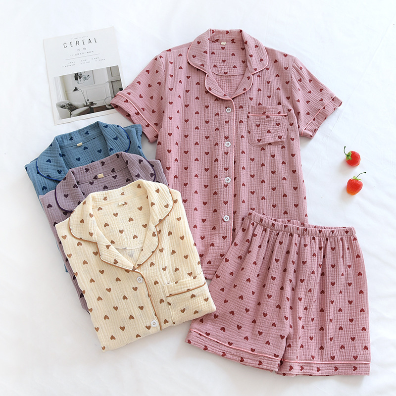 Summer 2-Piece Set 100% Cotton Gauze Short-Sleeved Heart Print Homewear Ladies Pamas Women Sleepwear