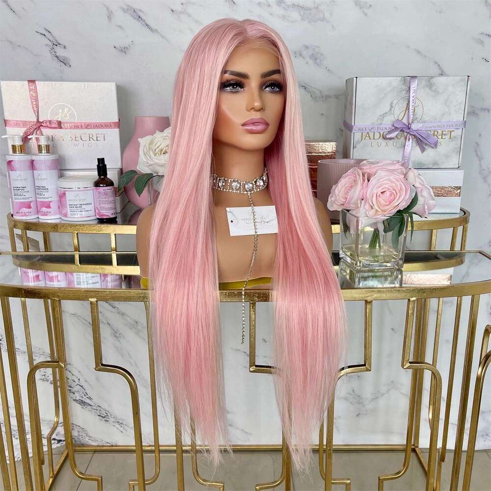 Light Long Synthetic Lace Front Wigs Heat Resistant Silky Straight Pink Hair Cosplay Wig