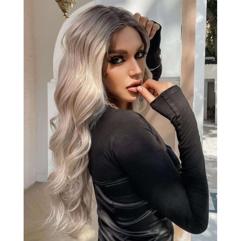 Ash Roots Loose Wave Lace Front Wig Platinum Blonde Synthetic Wigs Ombre Human Hair 5% Mixed Daily/Cosplay Heat Resistant