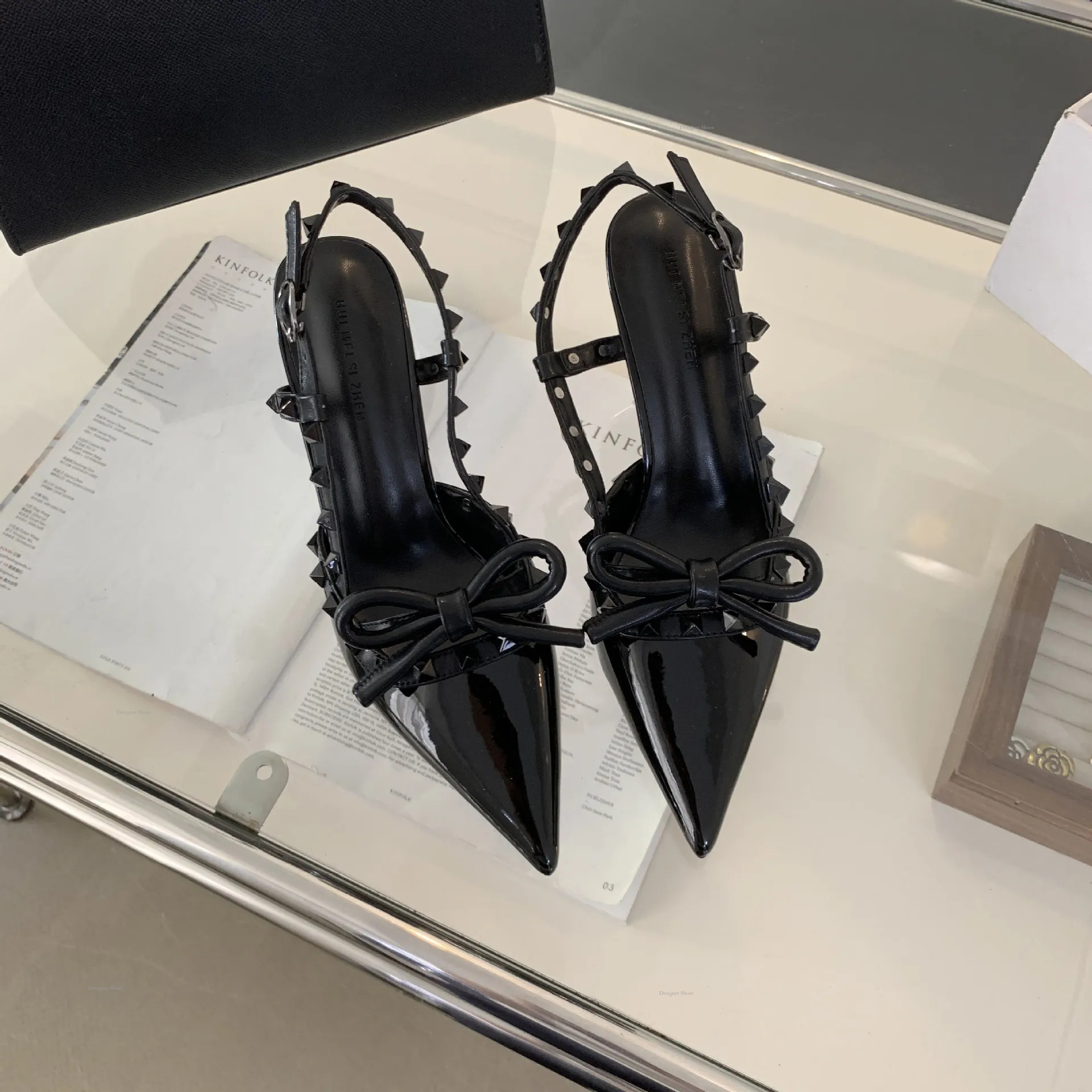 2024 New Pointed Free Shipping High Heels French Socialite Style Rivet Bow Toe Women's Singles Shoes