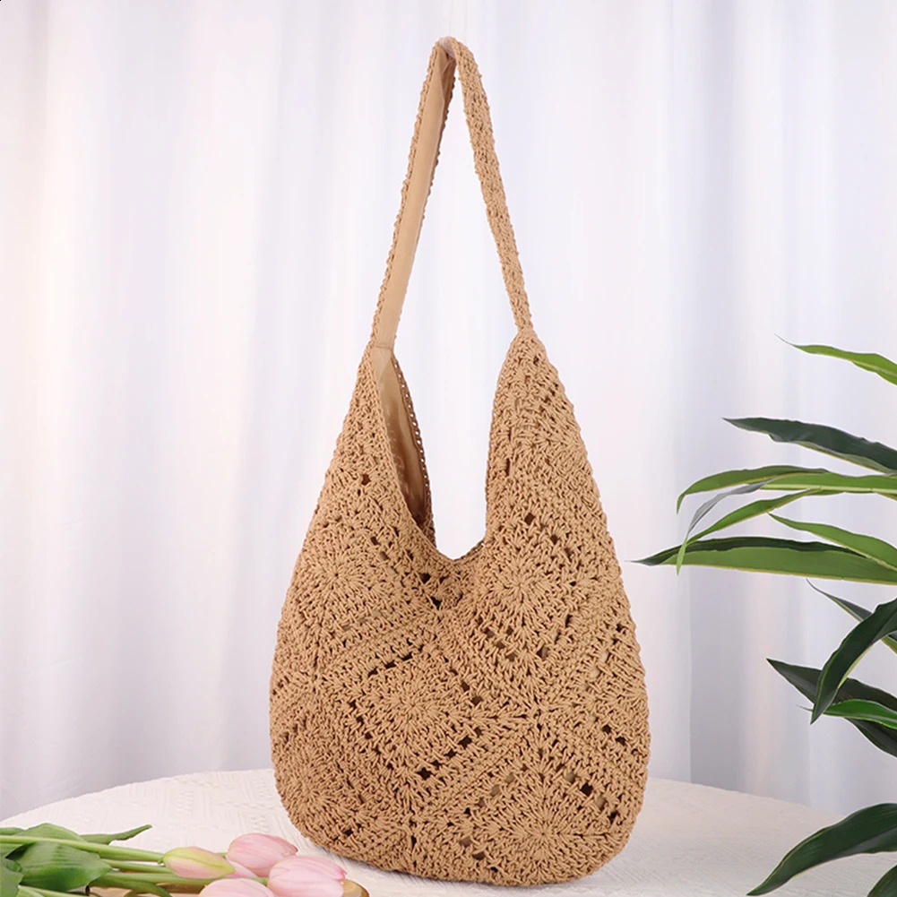 Crochet Summer Beach Bag Soft Knitted Handbag Womens Shoulder Hollow Vacation 240913
