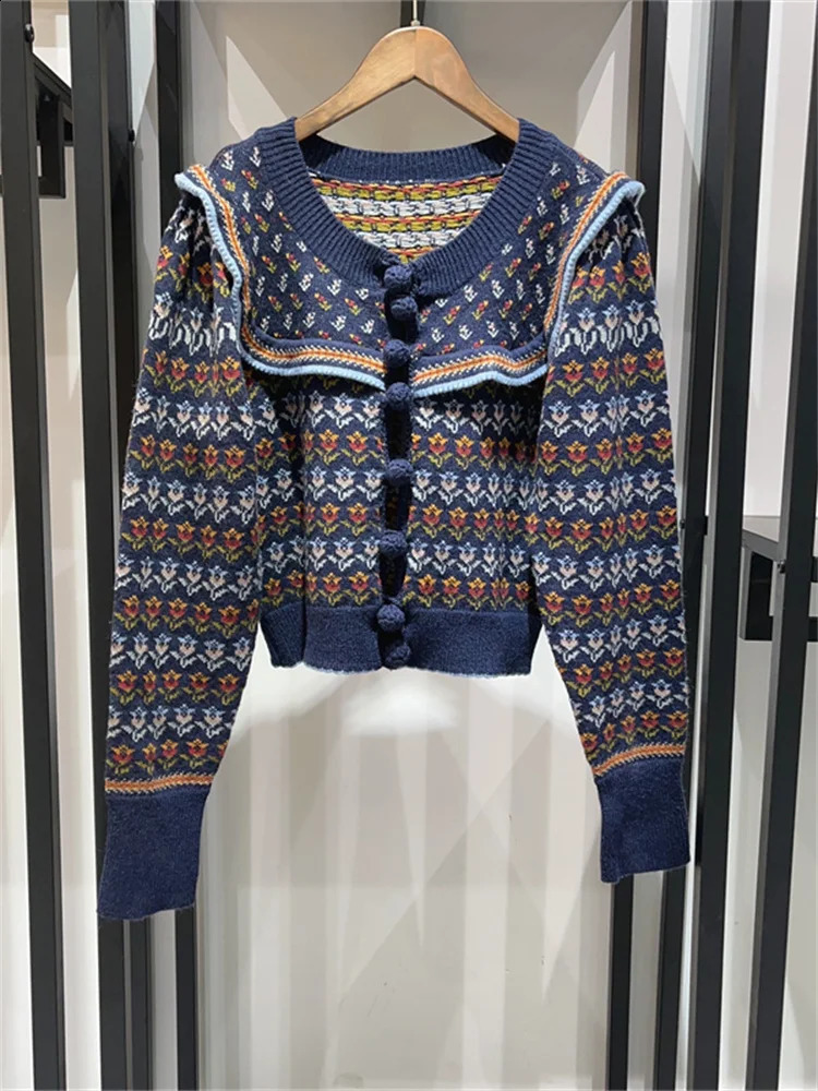 Women Wool Sweater Jacquard Round Neck Single Breasted Sweet Female Knit Cardigan 240904