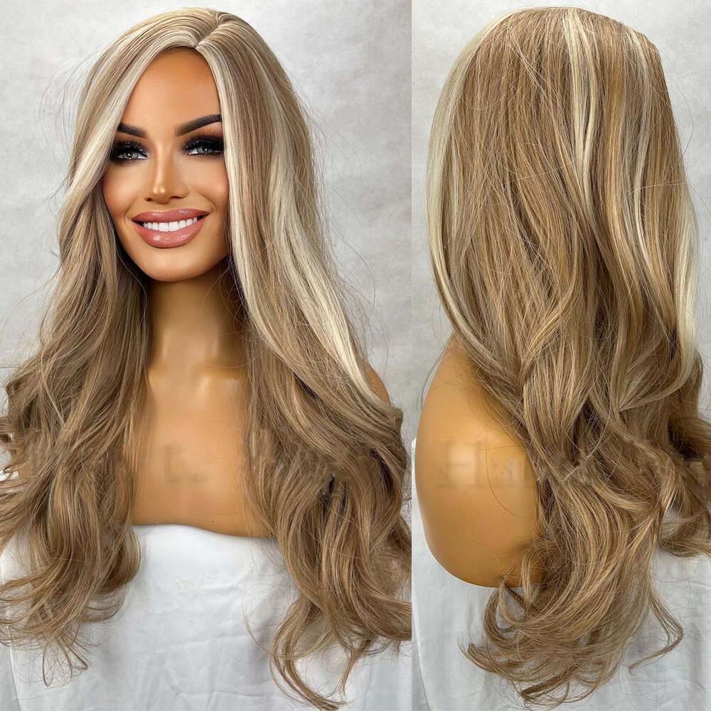 Honey Blonde Ash Highlights Balayage Synthetic Wigs 26 Inch Long Women's Center Parting Lace Front Wig Heat Resistant Fiber
