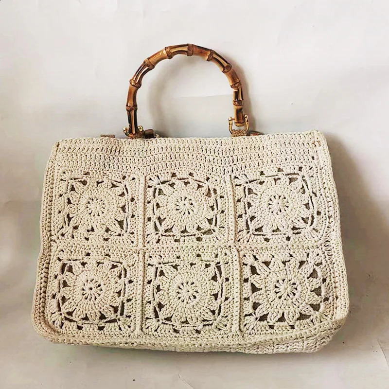 Retro bamboo handbag womens crochet hook large capacity handmade hollow beach bag casual summer 240913