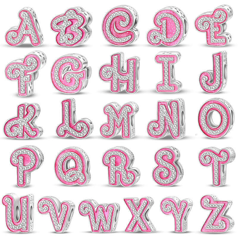New 925 Sterling Silver 26 Pink Princess Shiny Letter Charms Beads Fit Original Bracelets DIY Birthday Jewelry