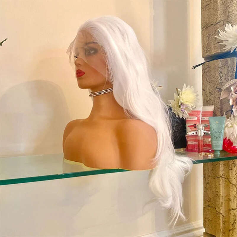 White Natural Straight Synthetic Wigs Icy Blonde Lace Front Wig 10% Human Hair 13X4 Heat Resistant Fiber Cosplay