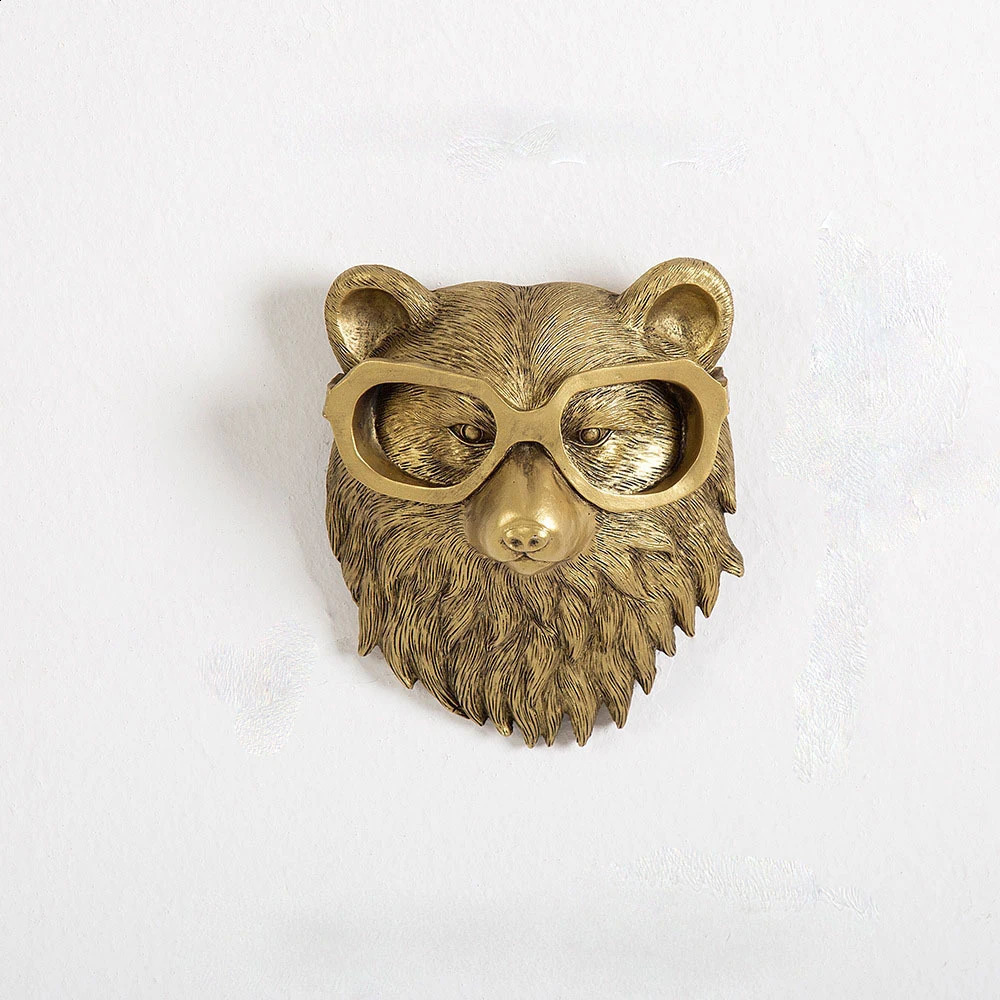 Nordic Bronzed Resin Animal Head Sculpture Pendant with Glasses Wall Mounted Bear Mouse Statue Figurine Hanging Pendant Ornament 240904