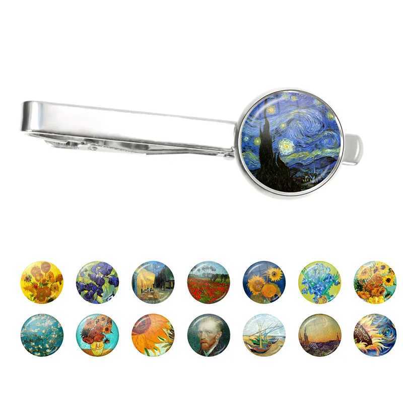 Mens New Fashion Van Gogh Oil Painting Tie Clip Copper Metal Simple Neck Tie Pin Set Pin Button Gift W240914