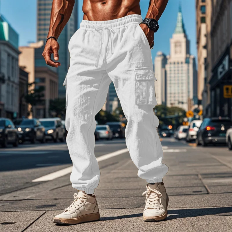 Autumn Daily Casual Breathable Cotton Pants Men Streetwear Fashion Multi Pockets Cargo Pants Vintage Mens Solid Color Pants 240913