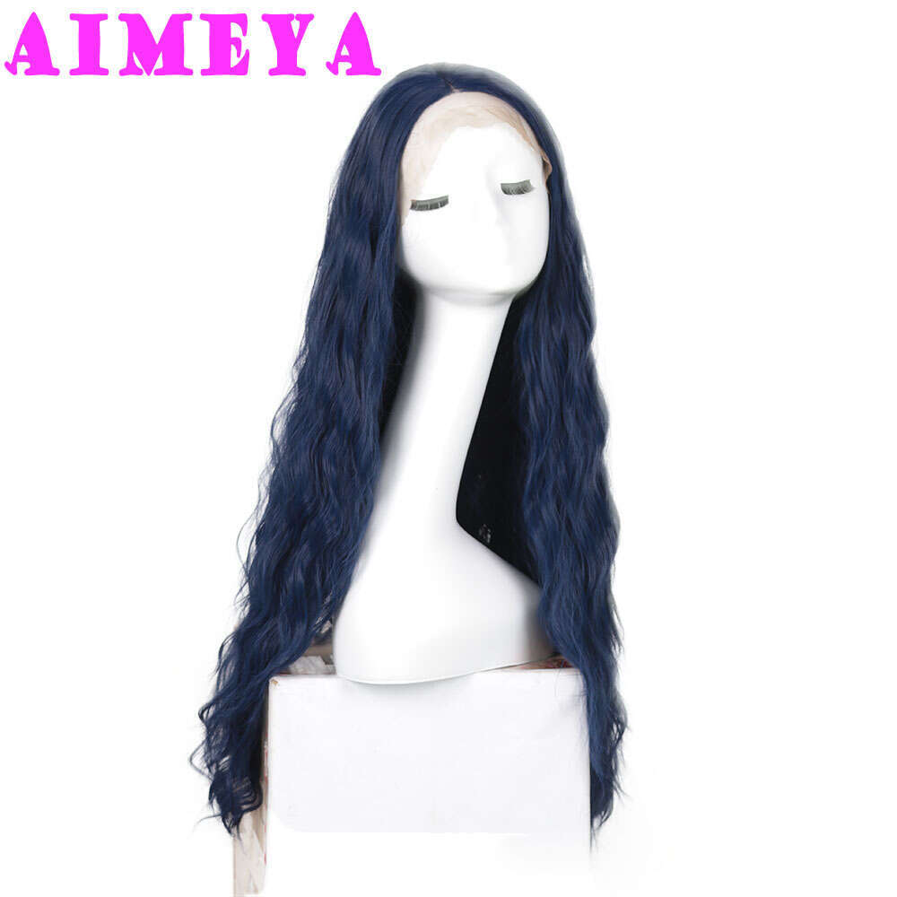 AIMEYA Dark Blue Loose Curly Long Synthetic Lace Front Wigs Natural Wave Hair Daily Use Cosplay Wig Heat Resistant