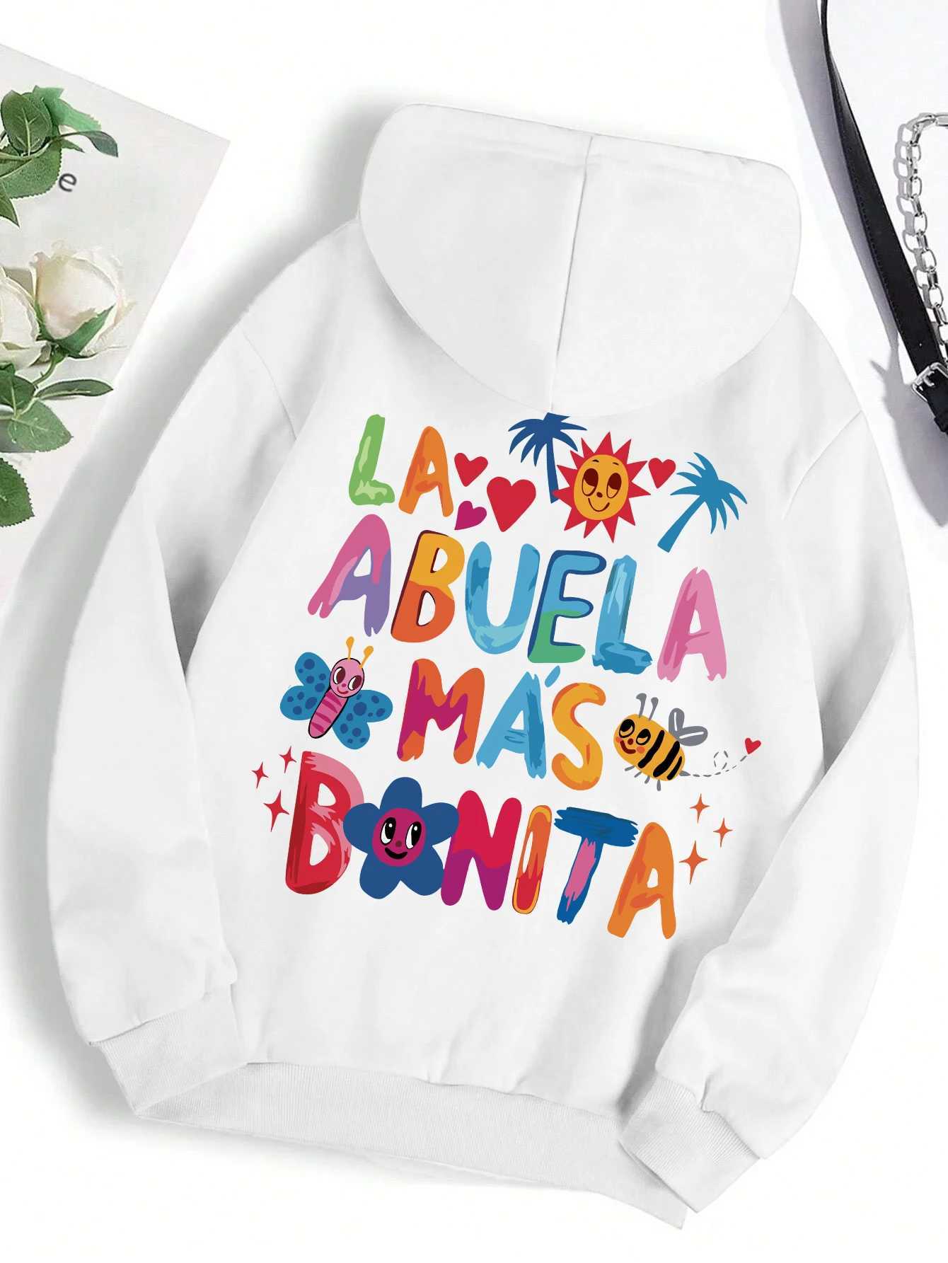 La Abuela M s Bonita Funny Letter Design Printed Womens Retro Hoodie Hip Hop Autumn Wool Warm Hoodie W240914