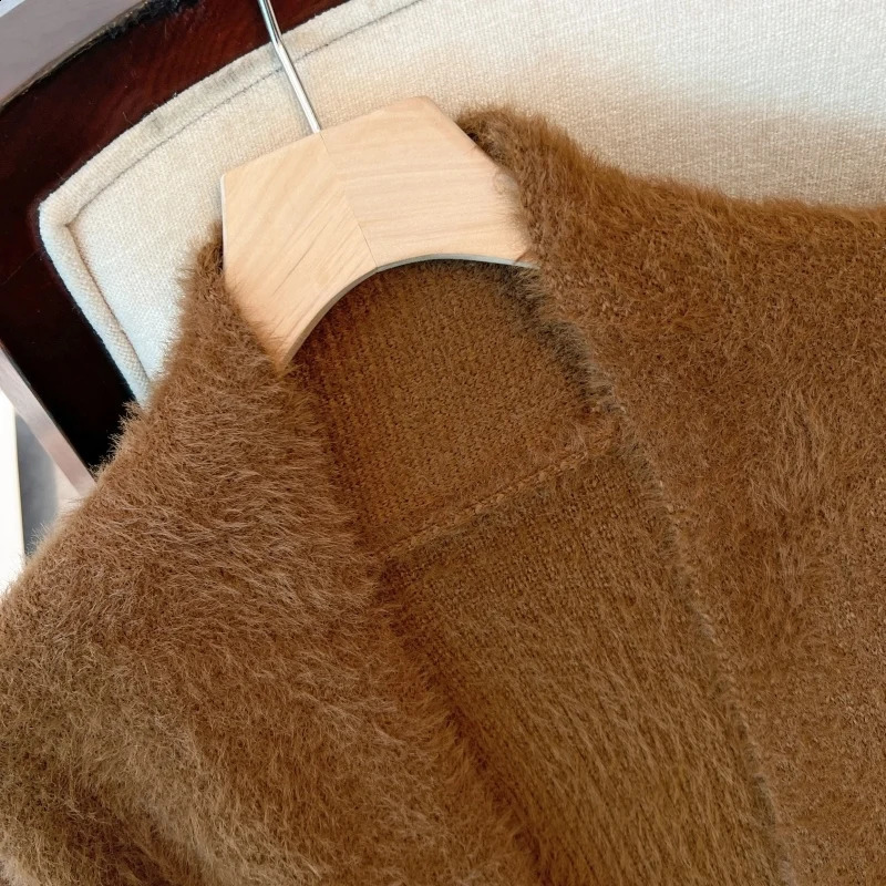 Korean Fashion Brown Mink Sweater Cardigan Coat Women Autumn Beige Loose Soft Top White Long Knitted Jacket Simple 240904