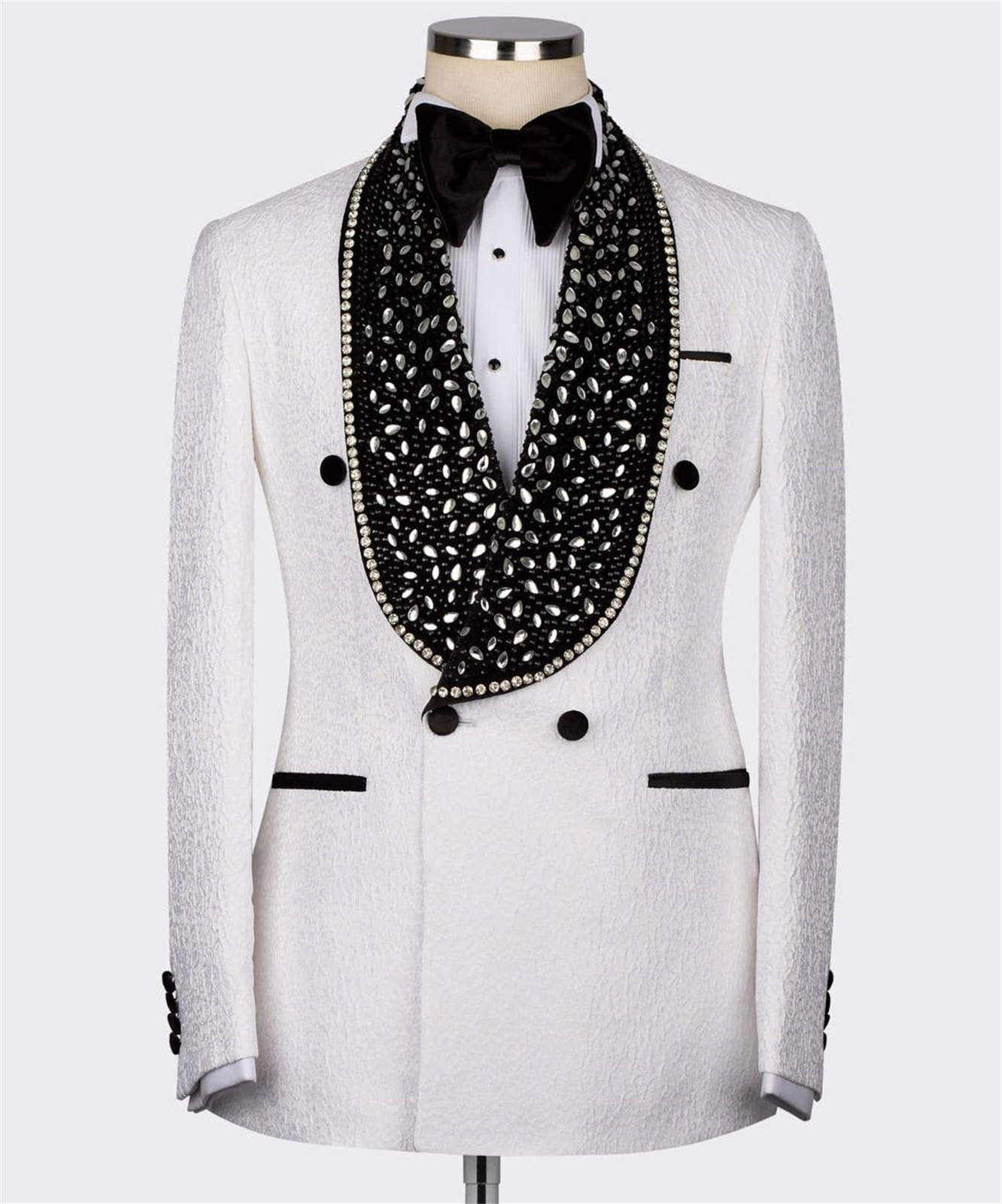 Luxury Men's Suit 2 Piece Set Shawl Lapel Tailored Blazers Crystal Rhinestone Groom Jacket For Man Double Breasted Custom Made Prom Coat Black Pa