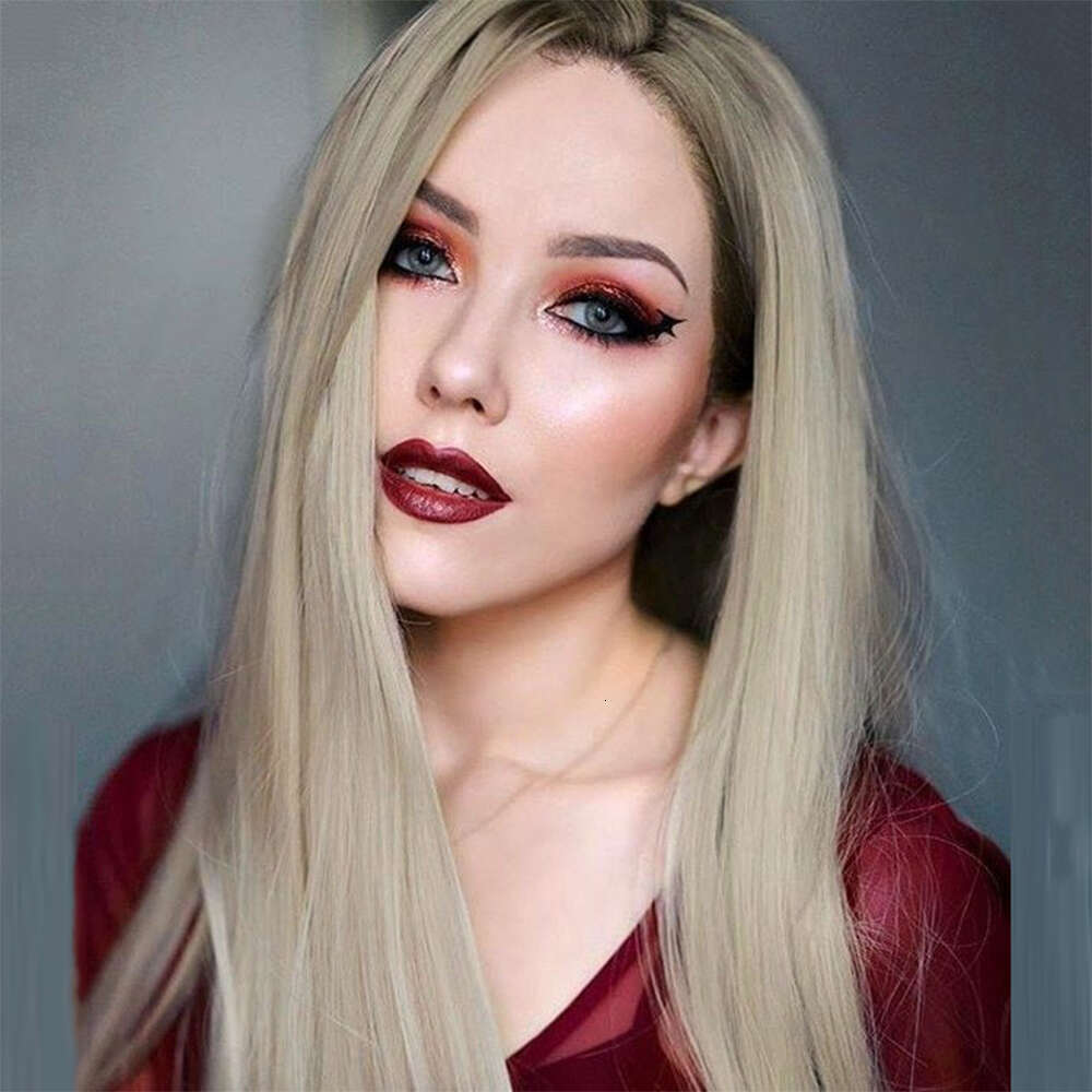 Long Straight Ash Blonde Synthetic Heat Resistant Hair Natural Loo Wig Middle Part For Women Girl Cosplay Daily Party Use