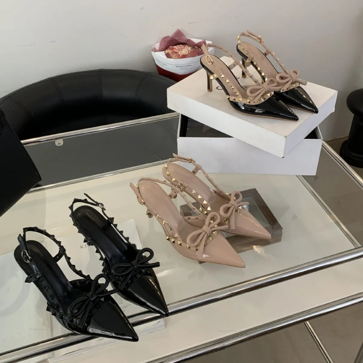 2024 New Pointed Free Shipping High Heels French Socialite Style Rivet Bow Toe Women's Singles Shoes