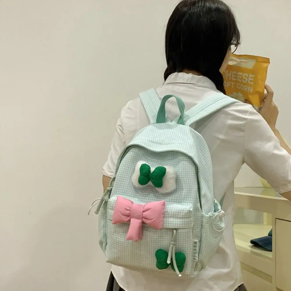 Large Capacity Cute Bow Backpack Solid Color Korean Nylon Student Backpack Grid Lightweight 240912