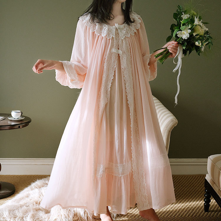 Princess Woman Cotton Dressing Gown Vintage Style Long Sleeve Robe Sleepwear 3 Color Pink White Blue