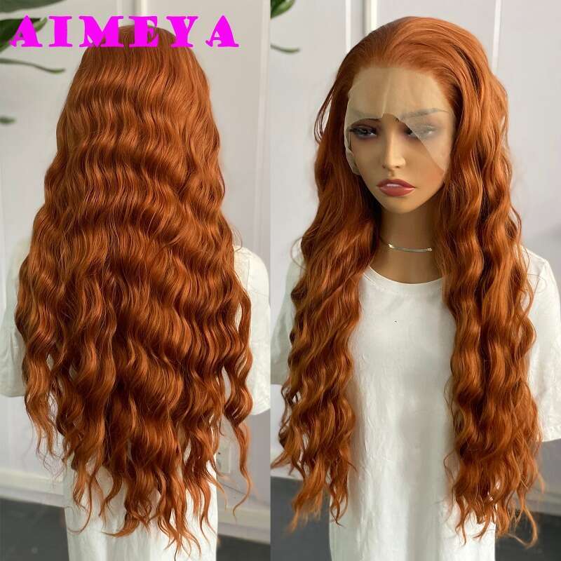 AIMEYA Ginger Lace Front Synthetic Long Body Wave Free Part Natural Haire Daily Use Orange Wig Heat Resistant Fiber
