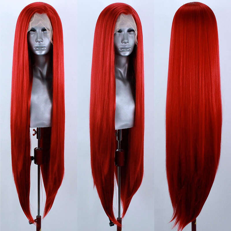 Bright Red Sythetic Front Silky Straight 10% Human Hair Lace Frontal Wig For Women Natural Haire Daily Wear
