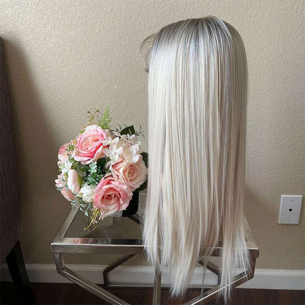 24'' Synthetic Platinum Blonde Ombre Straight 10% Human Hair Lace Front Wig Heat Resistant Fiber Daily Wear