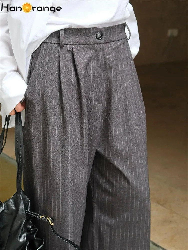 HanOrange Autumn Casual Waist Splicing Striped Pants Womens Loose Wide Legs Felt Trouser Grey 240913
