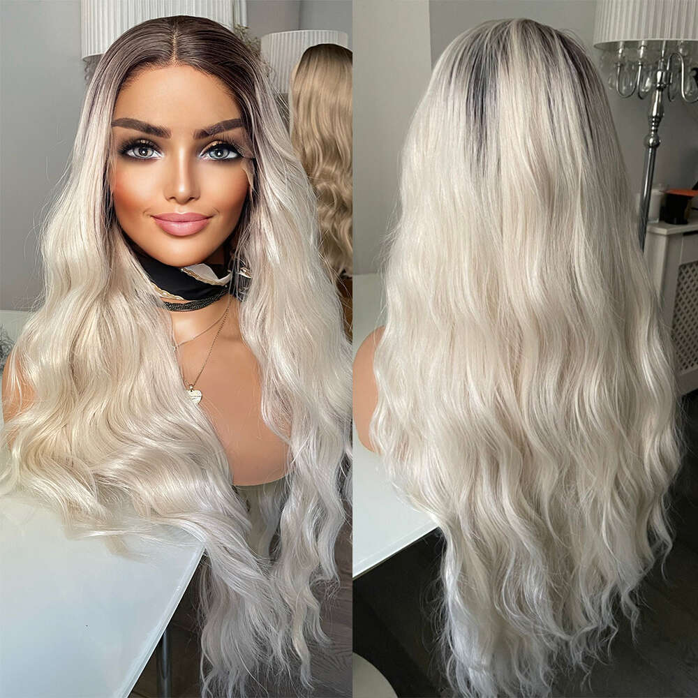 Ice 13X3 Front Heat Friendly Synthetic White Lace Wig With Dark Roots Free Style Rooted Blonde Wavy Wigs 150%