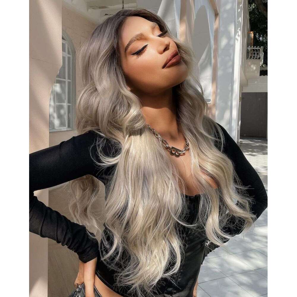 Ash Roots Loose Wave Lace Front Wig Platinum Blonde Synthetic Wigs Ombre Human Hair 5% Mixed Daily/Cosplay Heat Resistant