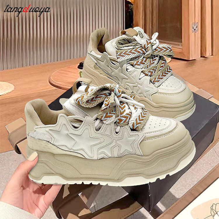 White black Platform Sports Shoes cute star Sneakers Women Fashion Casual Tennis shoes Haruku Thick-sole Vulcanized shoe