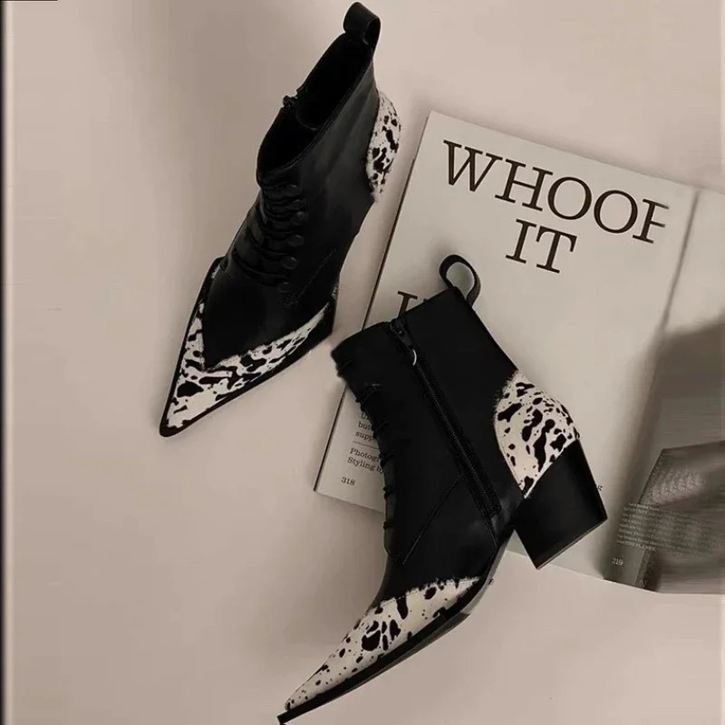 2024 Pointed Thick Heel Leopard Pattern Colorful Block Middle Heel Boots Personalized Side Zipper Middle Hat Boots 240914