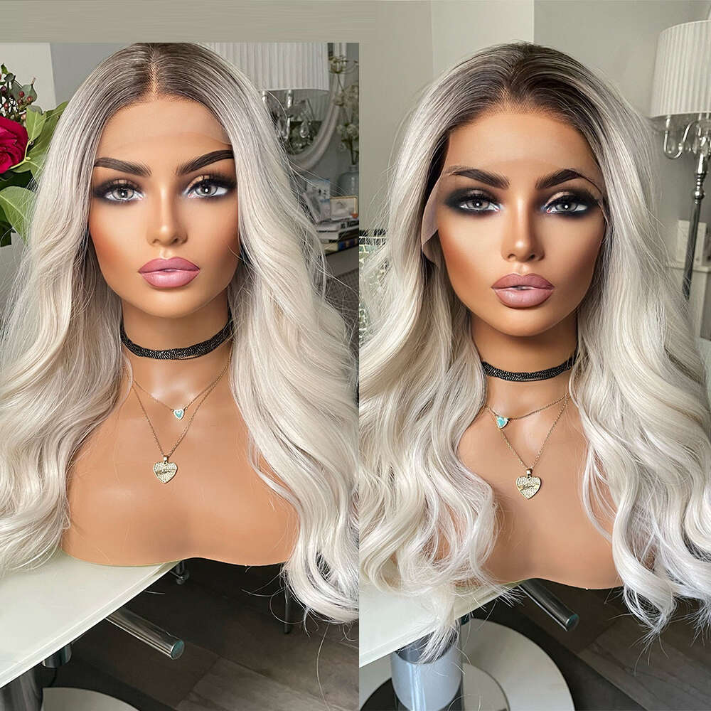 Ombre White Lace Front Wig With Dark Roots Heat Resistant Synthetic Wigs Realistic Natural Haire Free Style Daily Use Cosplay