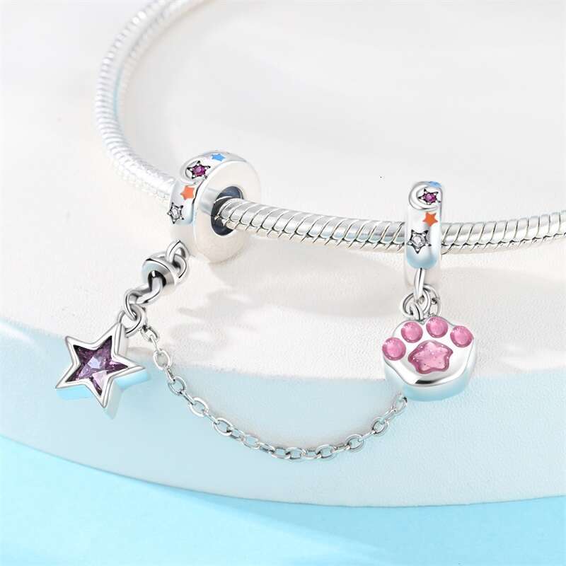 925 Sterling Silver Heart Shaped Keylock sy Cat Claw Charms Safety Chains Fit Original Bracelets DIY Jewelry