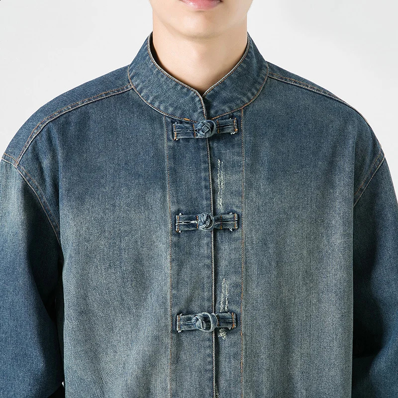 autumn mens Tang style clothing washed denim tops collar jackets casual cotton 240913