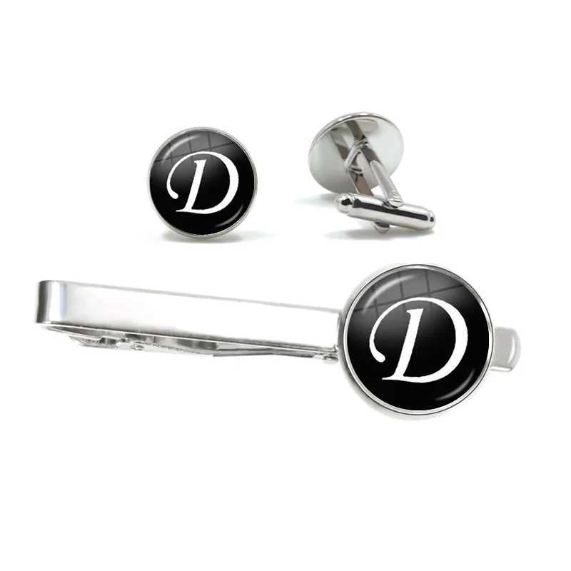 26 letter personalized mens tie clip and cufflink set shirt set cufflink wedding jewelry Fathers Day gift W240914