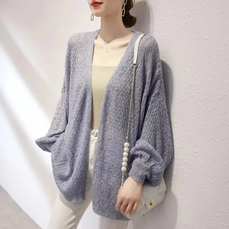 Sunscreen Thin Knitted Cardigan Summer Womens Fashion Loose Korean Version Lazy Lantern Sleeve Outer Outfit 240904