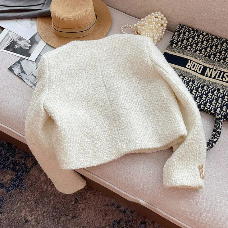 Classic Style Tweed Coat Pocket Causal Tweed Coat Office Ladies Suit Jacket Chic Female Tweed Basic Jacket Coat Outerwear 240911