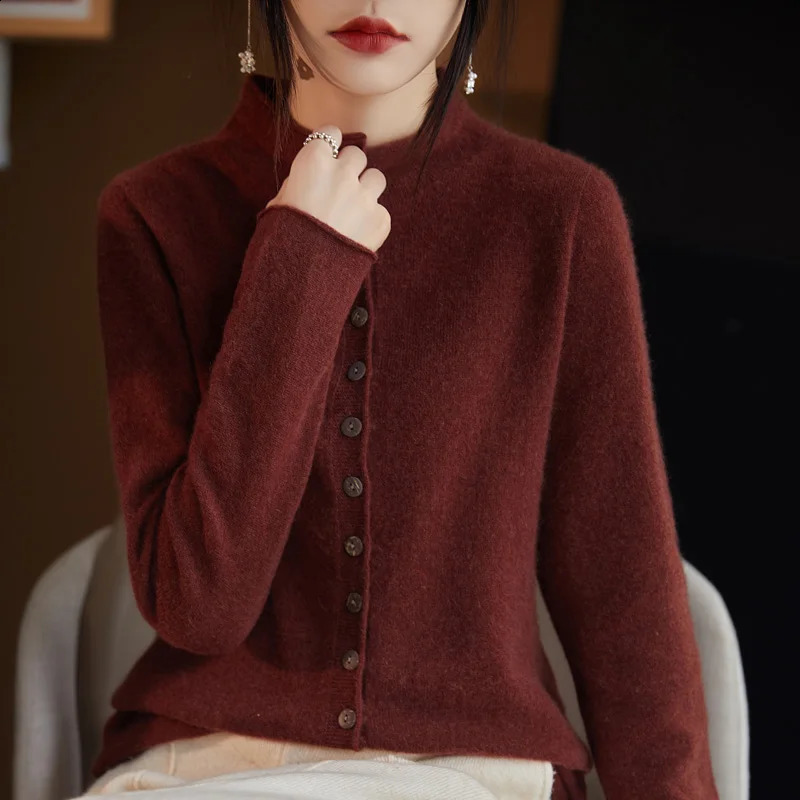 Autumn Winter 100% Wool Thicken Shirt Sweater Women Curled Round Neck Knitted Cardigan Female Multi Buckle Casual Warm Soft Top 240904