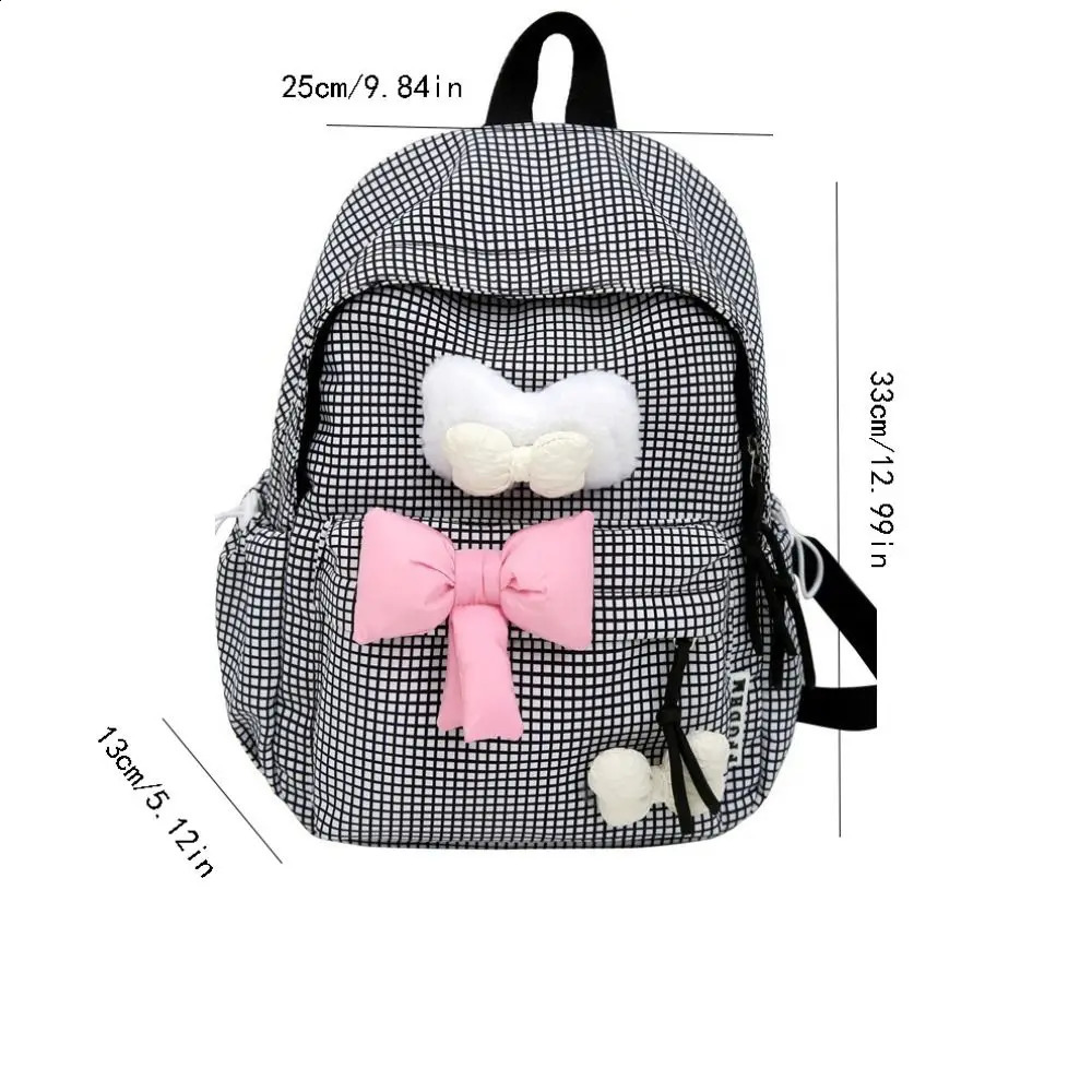 Large Capacity Cute Bow Backpack Solid Color Korean Nylon Student Backpack Grid Lightweight 240912