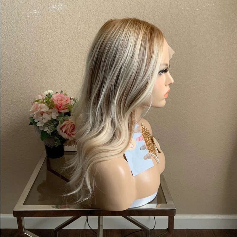 Lace Front Balayage Ash Blonde Highlights Synthetic Wig Heat Resistant Fiber Cosplay Halloween Wavy Wigs 10% Human Hair