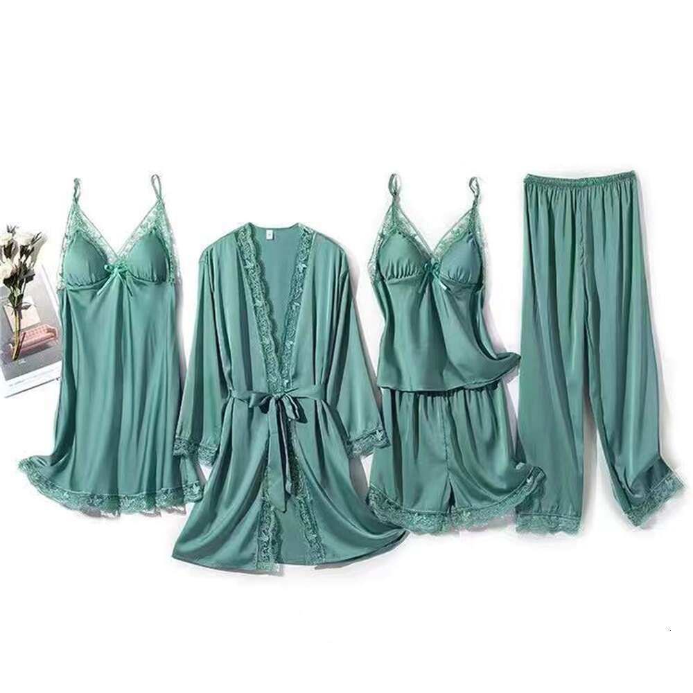Women Sexy Pamas 5Pcs Satin Sleepwear Pijama Lace Wear Home Clothing Embroidery Sleep Lounge Pyjama With Chest Pads