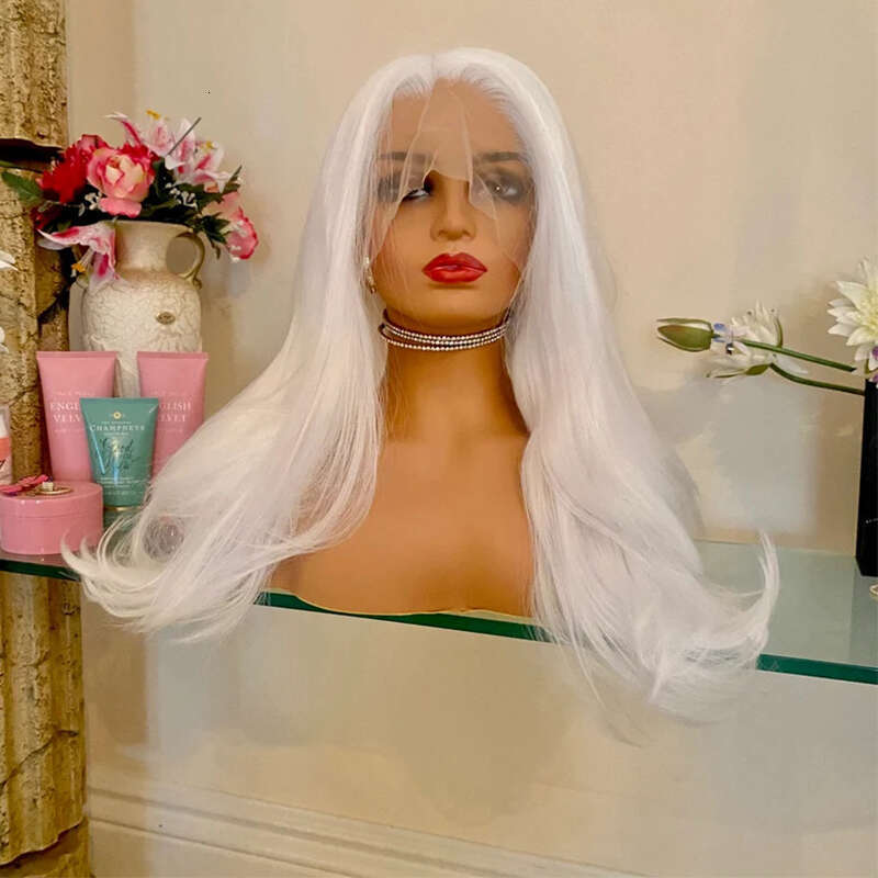 White Natural Straight Synthetic Wigs Icy Blonde Lace Front Wig 10% Human Hair 13X4 Heat Resistant Fiber Cosplay