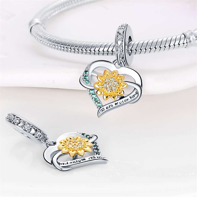 925 New Sterling Silver Fashion Golden Suowers Heart Charms Beads Fit Original Bracelets Party DIY Jewelry