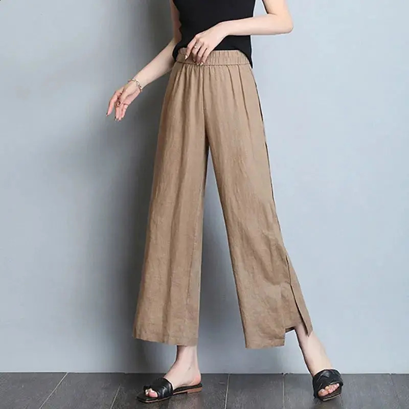 Spring and Summer Office Womens Elastic High Waist Nine Point Pants Cotton Hemp Rope Casual Thin Solid Folded Loose Leg 240913