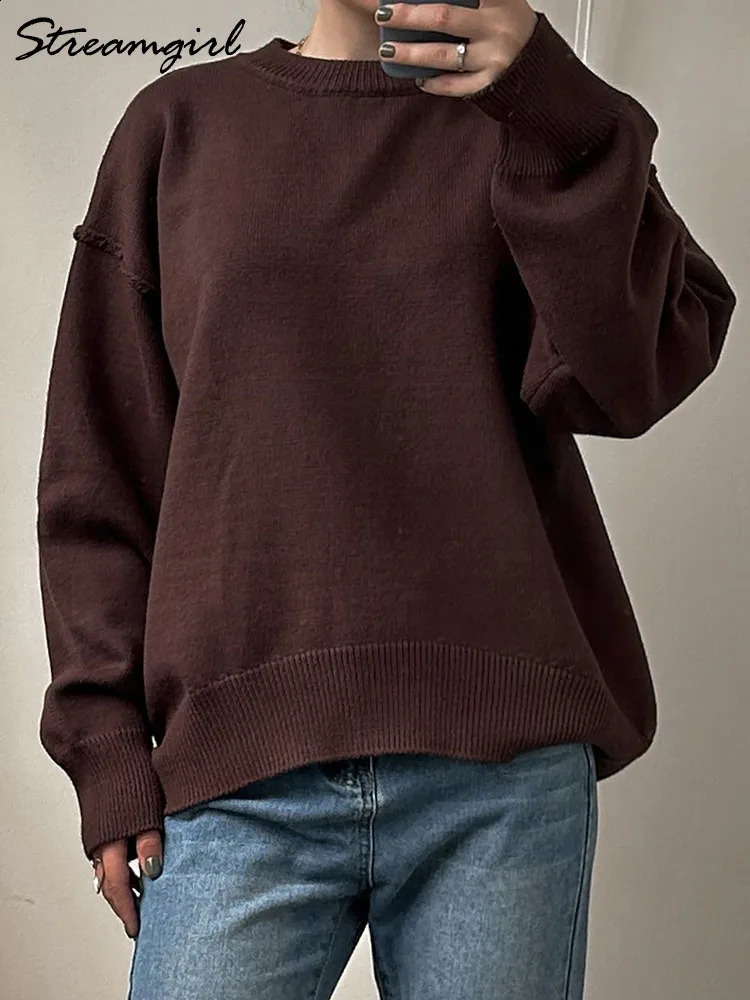 Blue oversized womens sweater winter thick beige floral autumn fashionable loose Oneck jumping 240906